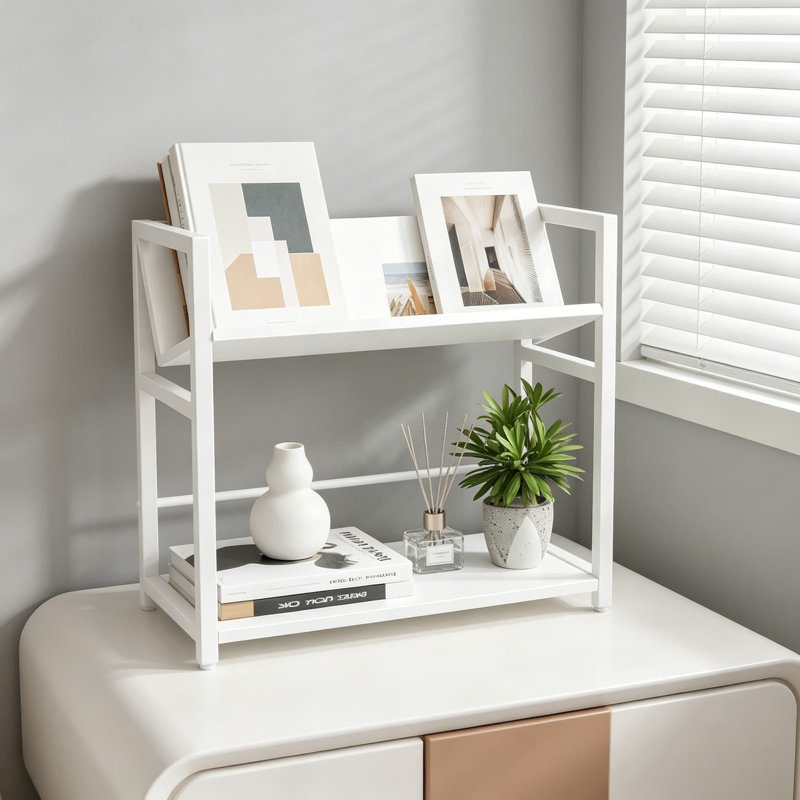 Bibliothèque de bureau, étagère de bureau à 2 niveaux, bibliothèque de table en bois, petit support à livres pour le bureau, la maison, la chambre à coucher, les petits espaces de rangement et de présentation