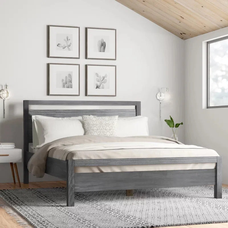 Loft Solid Wood Panel Bed, Brushed Gray, King