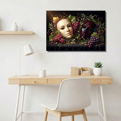 Theatre, masques et raisins sur toile noire, art mural