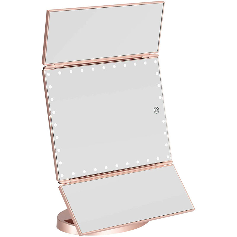 Touch Trifold XL Dimmable LED Makeup Mirror with Standing Base Vanity Dressing Mirror with USB Cable, Rose Gold