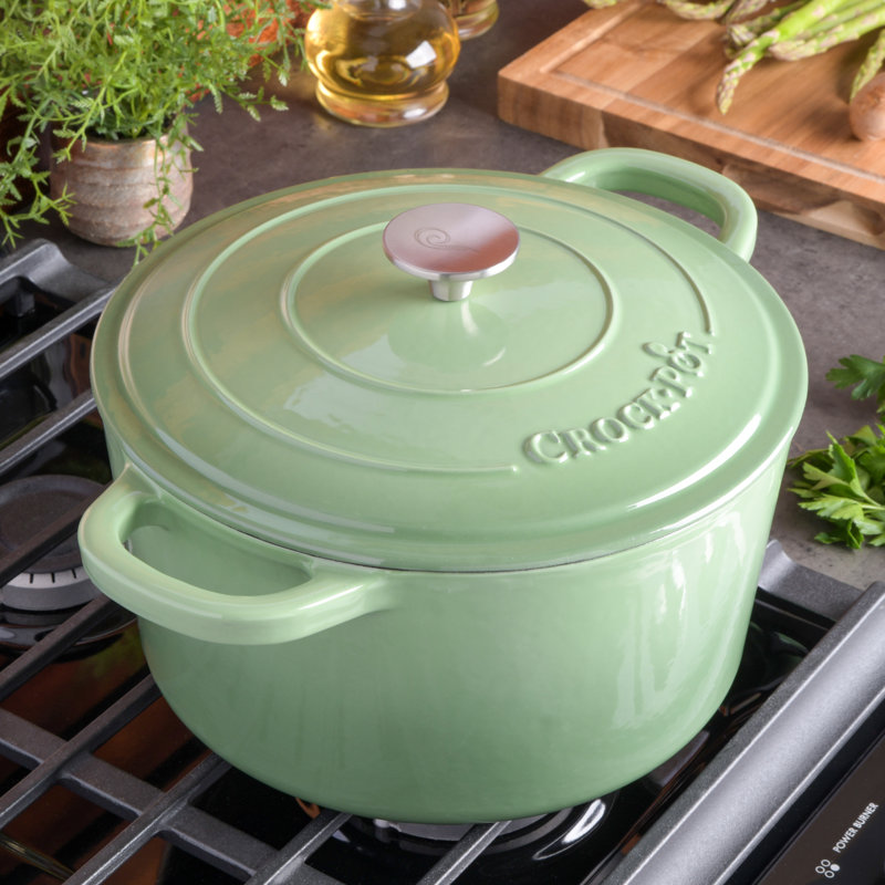 Crock-Pot Artisan Non-Stick Cast Iron Round Dutch Oven, 7 qt, Pistacio Green/Silver
