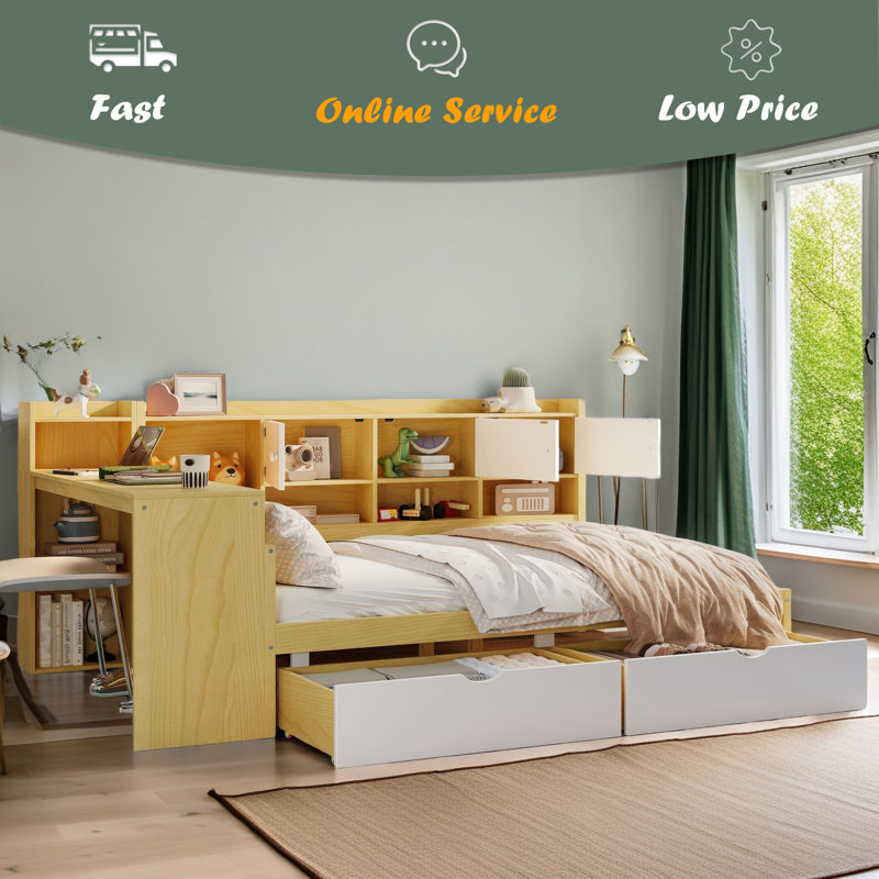 Wooden L-Shape Daybed With Seven Storage Cabinets And Two Storage Drawers, Multi-Functional Bed With Study Desk And Built-In Bookshelf