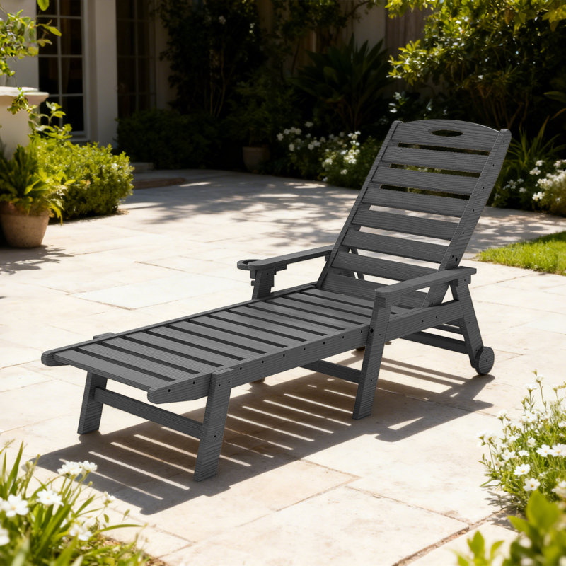 HDPE Wood Grain Outdoor Chaise Lounge Chair with Wheels & Cup Holder, 5-Position Adjustable Recliner, All-Weather Poolside Lounger