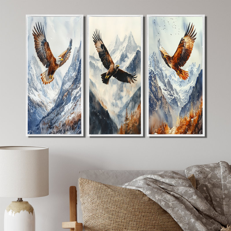Aigle volant au-dessus des montagnes I, H 32 po x l 48 po, Impression encadrée flottante, Blanc