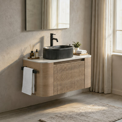 Meuble-lavabo mural avec porte-serviettes offert, lavabo ovale simple en céramique à rayures, préassemblé pour salles de bains modernes