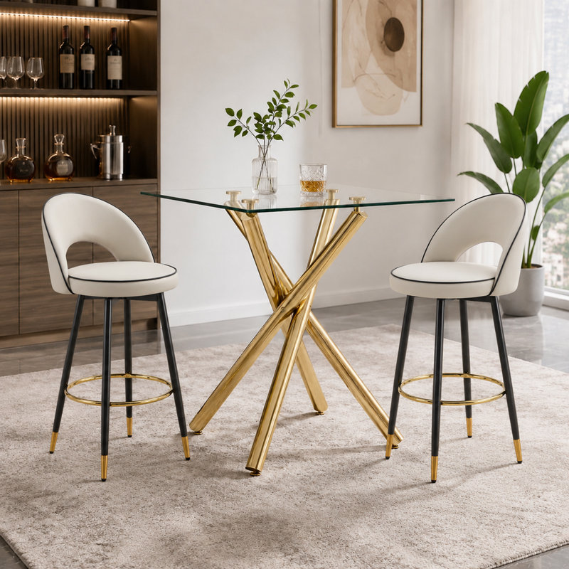 Ensemble de table de bar 3 pièces en verre trempé transparent avec tabourets pivotants à 360 ° en similicuir, Gray