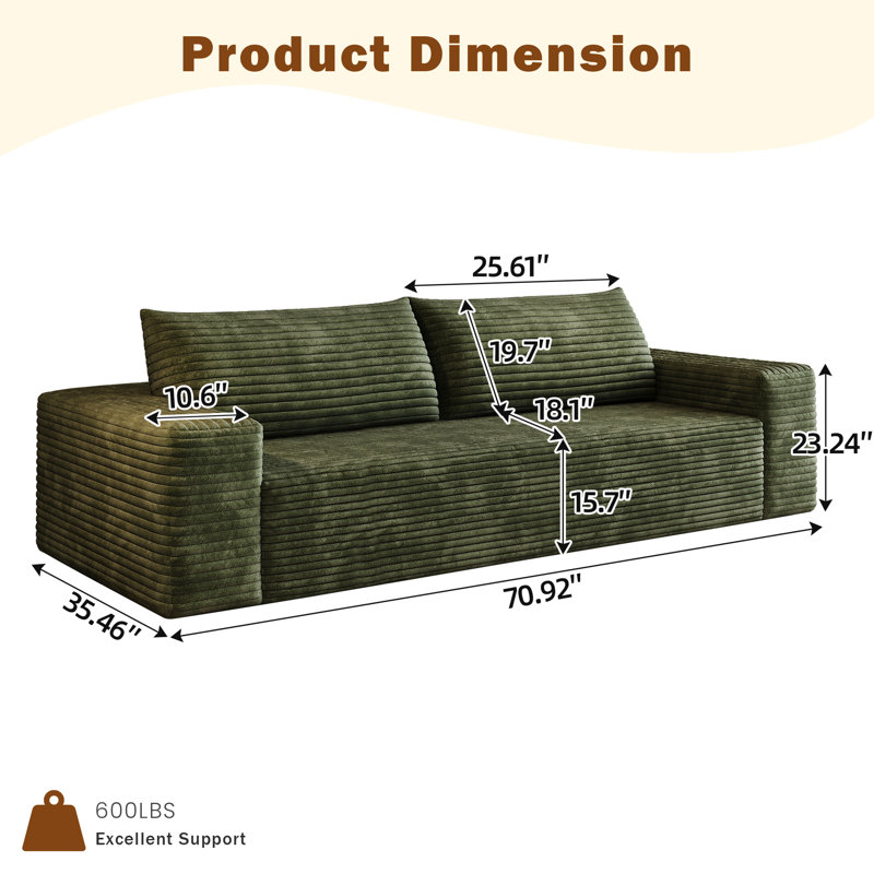 Boneless Corduroy Boneless Couch, Compression Sofa with Deep Seat, No Assembly Required, Comfy Loveseat Sofa with 2 Pillows, Sofa Couches for Living Room/Apartment
