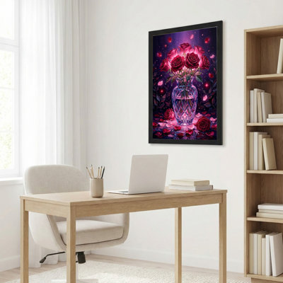Toile noire encadrée en bois noir pour salon, chambre à coucher, bureau ou vestibule - décoration murale décorative avec vase rose