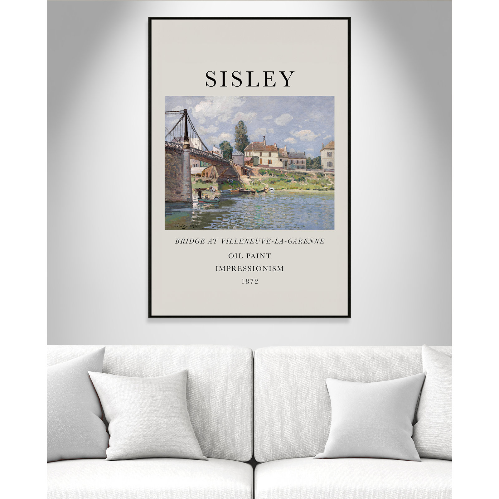 Old Masters Collection " The Bridge At Villeneuve " by Alfred Sisley, Espresso Floater Frame, No, 61.5" H x 41.5" W x 2" D