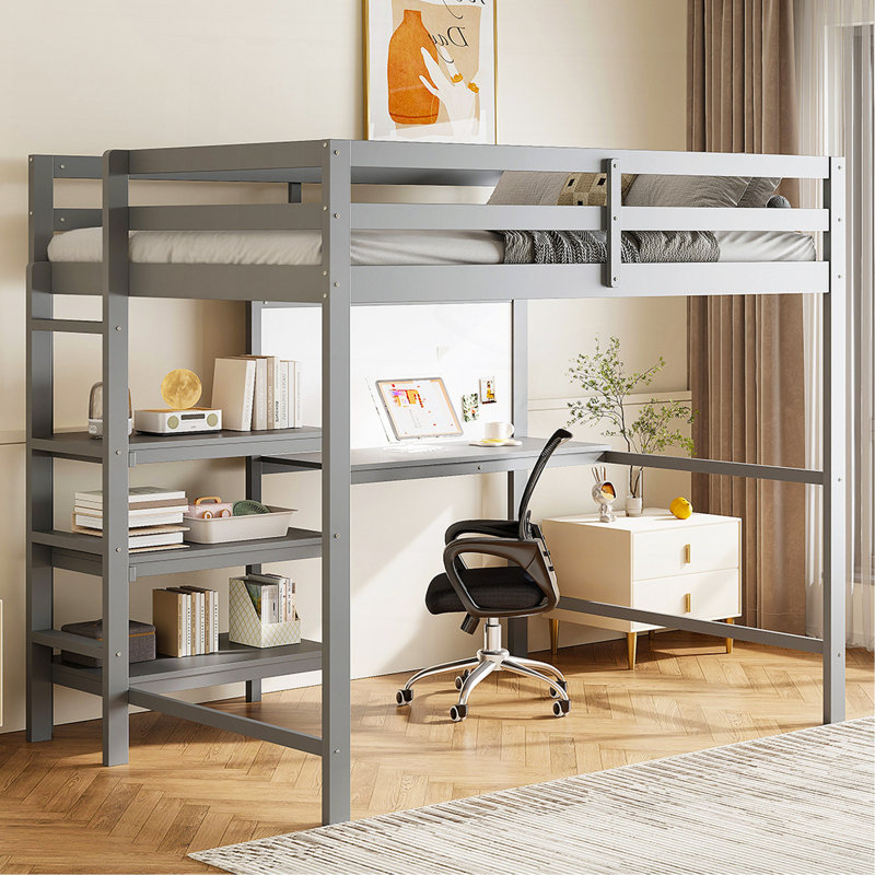 Lit mezzanine simple en bois avec tablettes, bureau et tableau d'écriture - Gris