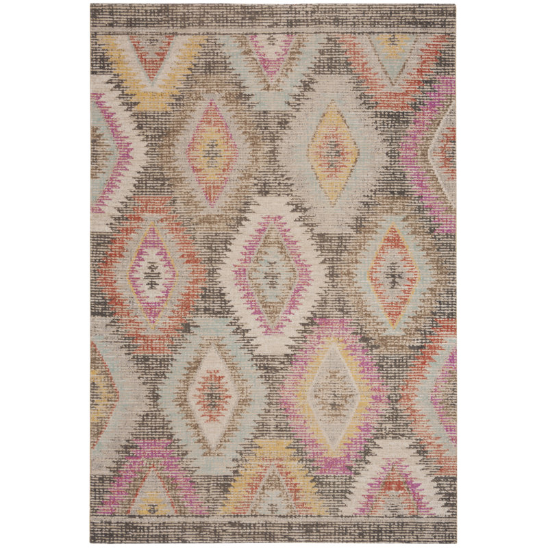 Leto Hooked Grey/Rose Indoor/Outdoor Rug, Rectangle 155 x 229 cm