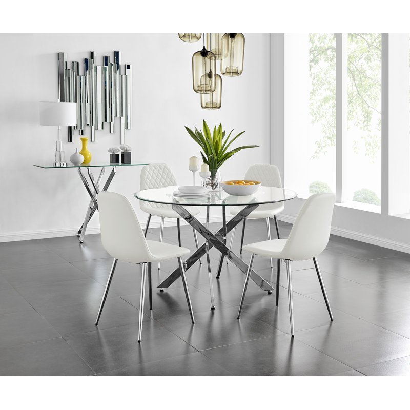 Tierra Modern Chrome Metal & Glass Round Dining Table Set with 4 Luxury Faux Leather Chairs, White