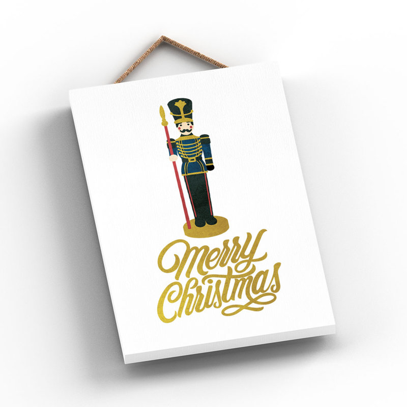 Xmas Merry Christmas Nutcracker Wooden Plaque, 18.5cm H x 12cm W x 0.9cm D, White/Yellow