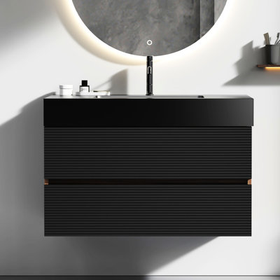Meuble-lavabo mural 36 po Grace avec lavabo en quartz noir mat et tiroirs souples, armoire de meuble moderne avec portes en noyer