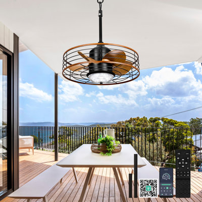 20" Outdoor Ceiling Fans With Light, Waterproof Gazebo Fan With Hanging Hook, Plug-In 6 Speeds Caged Black Ceiling Fan For Pergola