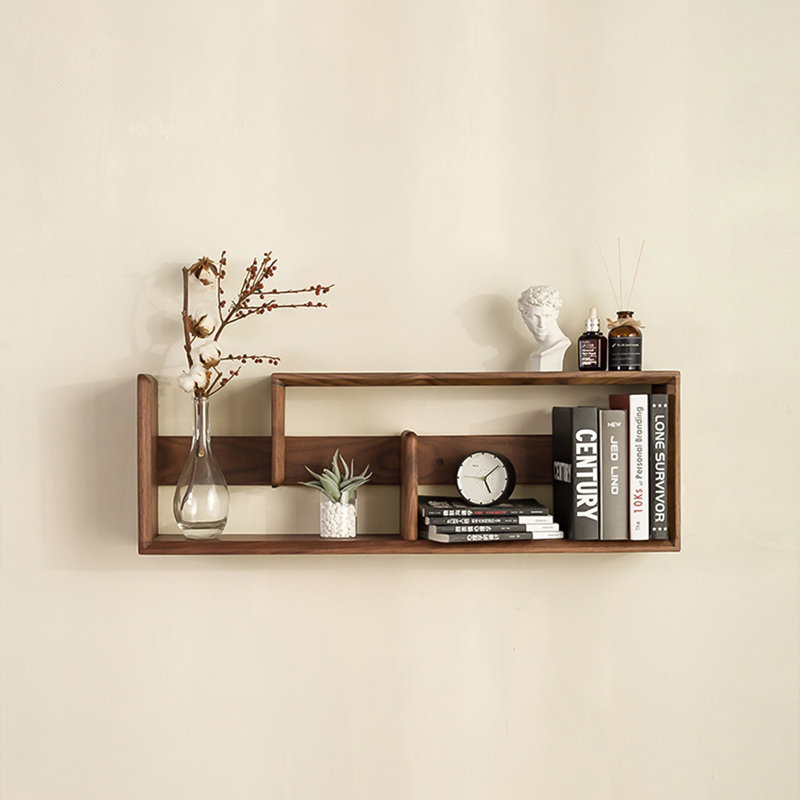 35.43" Italian Minimalist Walnut Brown Solid Wood Wall-Mounted Floating Shelf & Hanging Cabinet