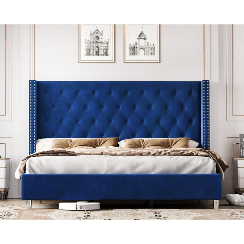 Duluth Upholstered Wingback Bed, Queen, Navy