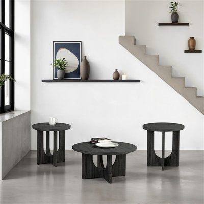 Contemporary Style 3Pc Table Set 1X Round Coffee Table 2X Round End Table Cross Arch Base Grey Finish (Only Including Table)