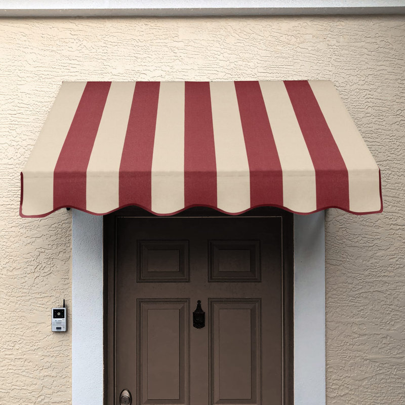 Auvent fixe en tissu acrylique San Francisco Awntech, Rayures bourgogne / brun clair, H 16 po x l 40,5 po x P 30 po