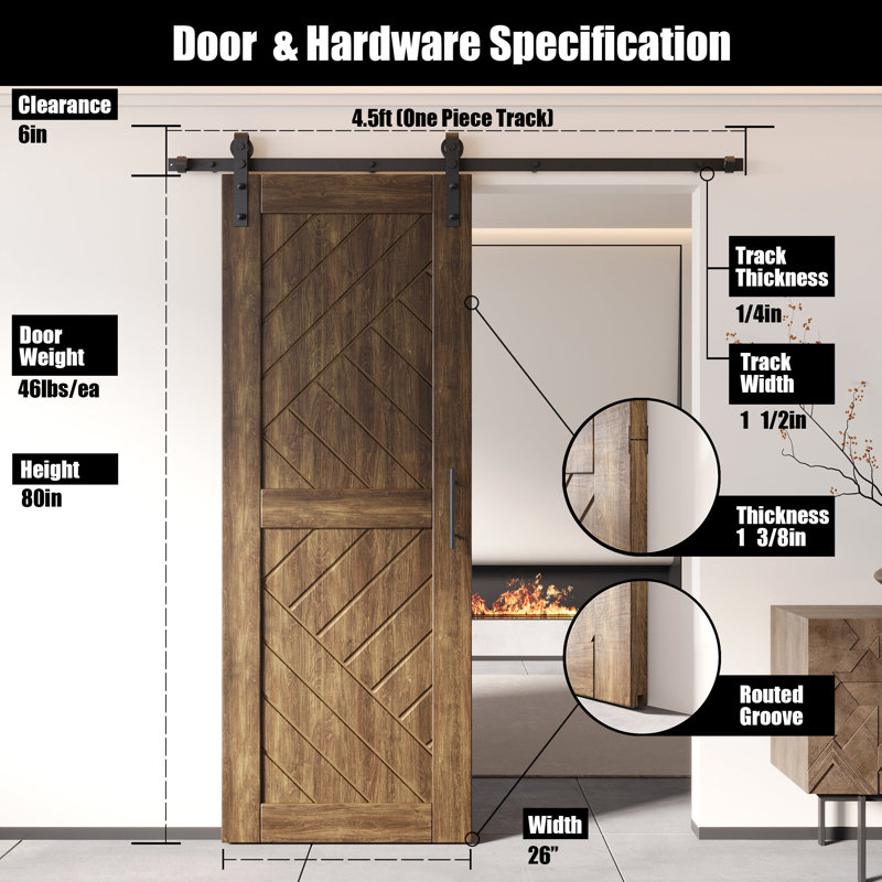 Porte de grange à motif géométrique non assemblée et fini en noyer foncé de 26 po x 80 po Homacer de Homacer, avec rail d'installation de 4,5 pi, usage intérieur seulement