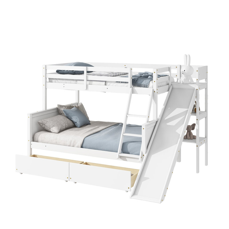 Lit superposé simple au-dessus de double avec 2 tiroirs, glissière, tablettes, échelle, lit superposé en bois d'hévéa avec glissière, tiroirs, blanc