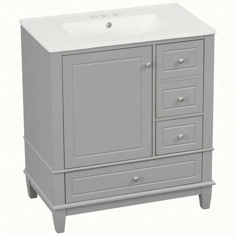 Meuble-lavabo 30 po avec lavabo, une porte avec tablette et trois tiroirs, porte à fermeture en douceur, Gris