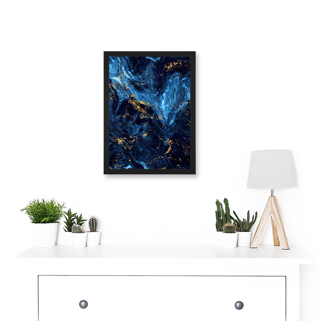 Abstract Dark Blue Gold Swirl Watercolour Modern - Single Picture Frame Print