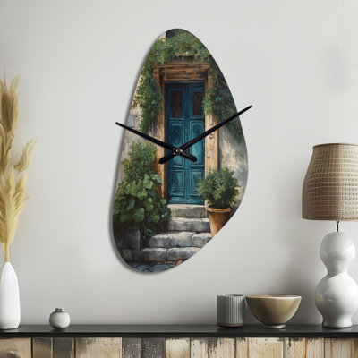 Blue And Beige Nature's Front Door Greeting II - Fall Shape Unique Farm Door Floral Wall Clock