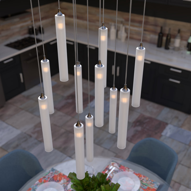 Rainfall 11 Frosted White Glass Pendants Chandelier, Chrome, 84"