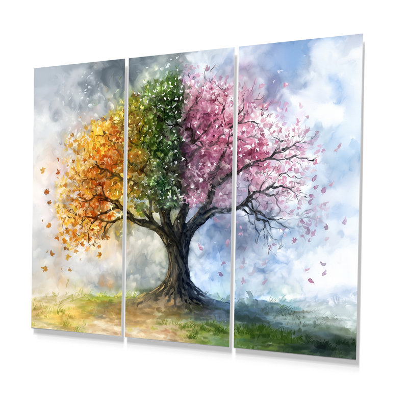 Arbre rose avec quatre saisons - ensemble d'art mural arbre de vie, Métal métal, H 40 po x l 60 po x P 1 po