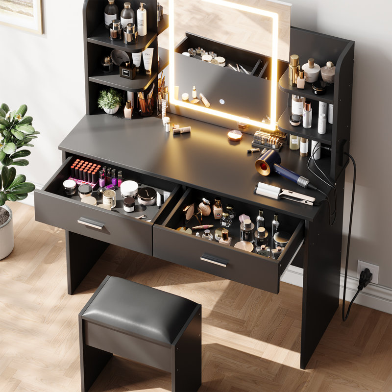 55.9''H Vanity Desk With Lighted Mirror, Makeup Vanity Set With Power Outlet, 6 Storage Shelves, 2 Large Drawers And 3 Color Light Adjustable Brightness