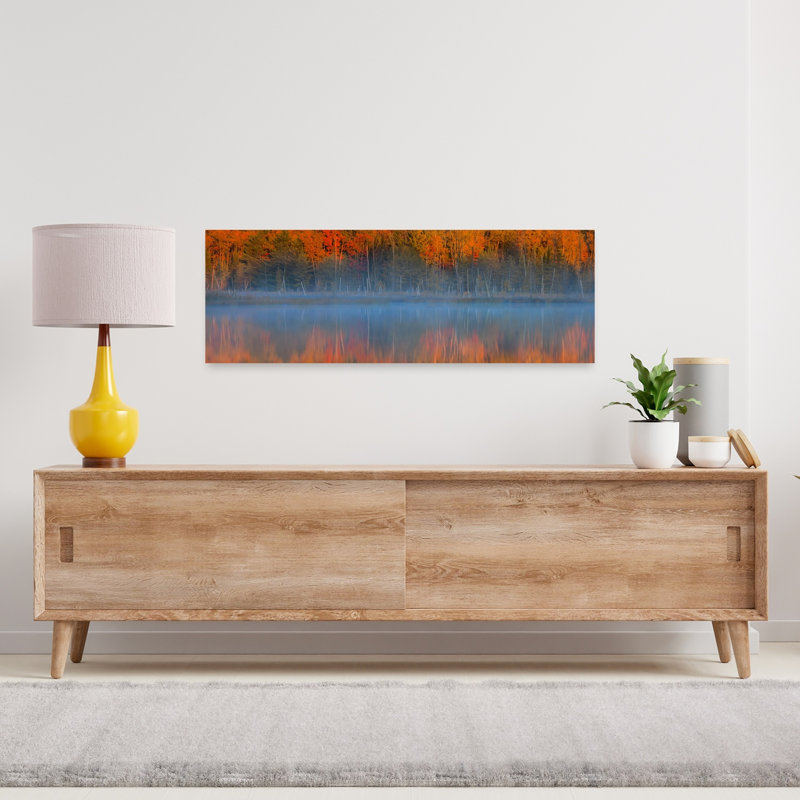 Misty Autumn Lake Reflection Colorful Peaceful Serene Autumn Forest, art mural, H 12 po x l 36 po