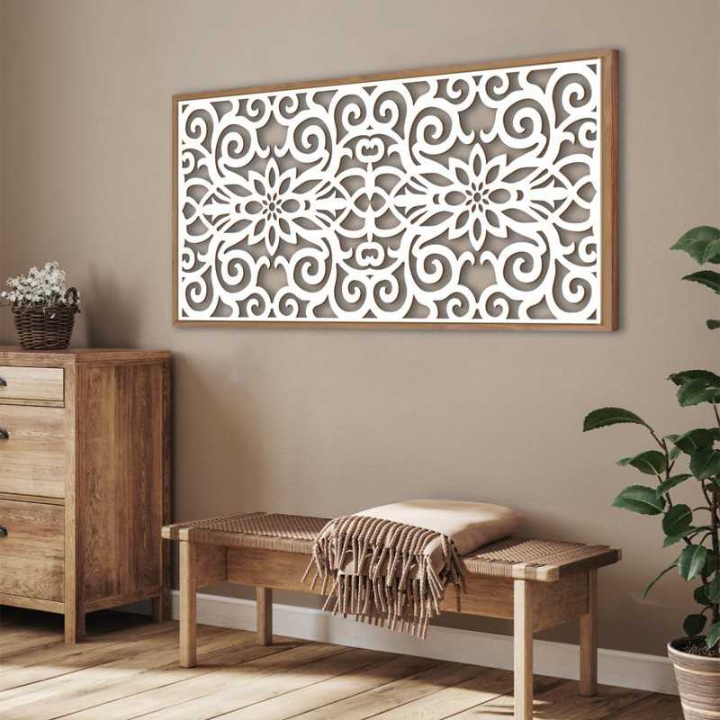 Framed Boho Wooden Wall Art 16X32 Inch Mandala Wood Wall Decor White Floral Zen Sculpture Artwork For Bedroom Living Room Decor