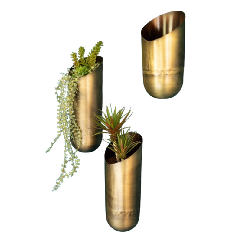  Antique Brass Wall Vase Set of 3 – 14" Tall Decorative Hanging Piece