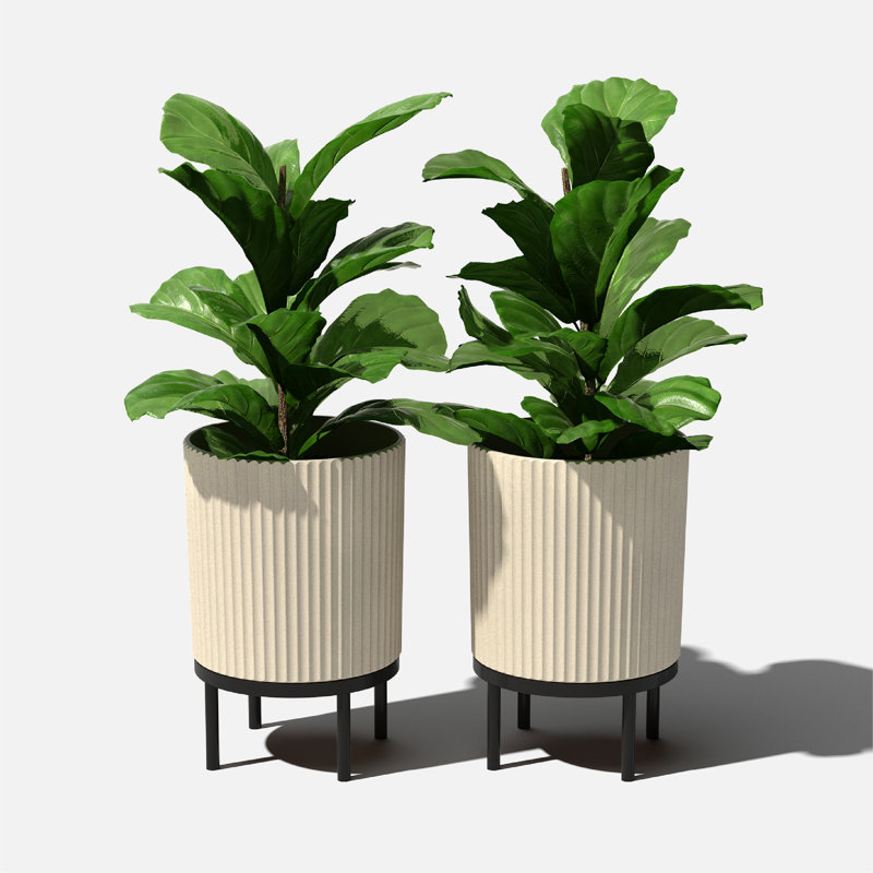 Sandstone and Black 16" Concrete-Composite Planter Set with Acacia Wood Stand