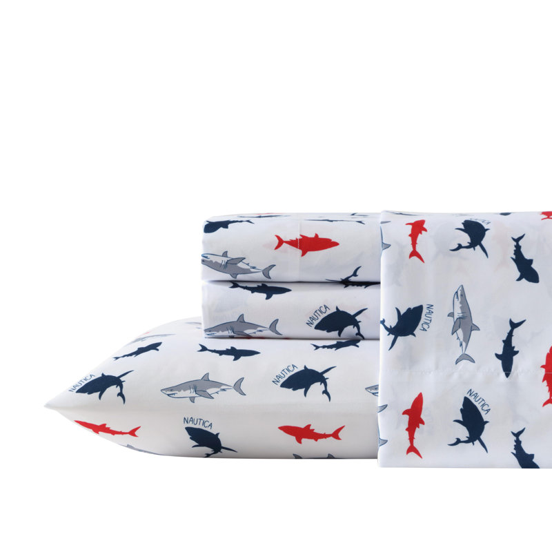 Nautica Kids Printed Cozy Sheet Set, Full Sheet Set with 2 Pillowcases, Branson Sharks Navy