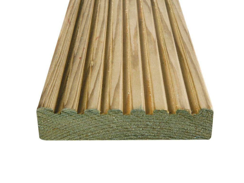 Green Treated UC3 Softwood Pine Deck Board Smooth One Side, Grooved On Reverse Pack Of 4 Pieces (L) 4.8M (W) 120Mm (T) 28Mm