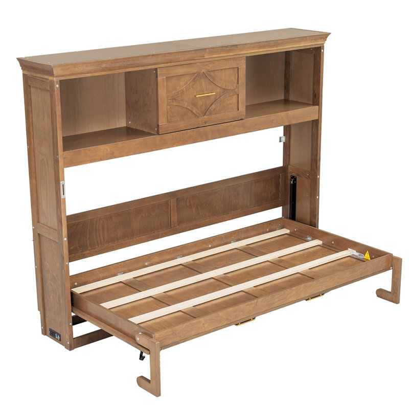 Twin Size Murphy Bed With Charging Station And A Drawer, Perfect For Space-Saving And Modern Living., Wood
