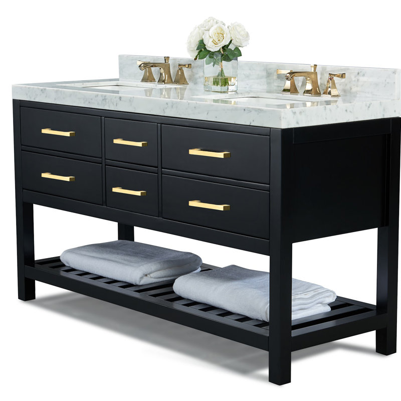 Elizabeth 60'' W Double Vanity, Carrara White, Gold, Heritage Blue