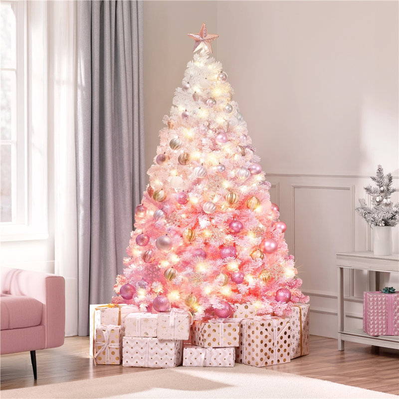 Arbre de Noël artificiel floqué rose avec support pliable, 6', Illuminée
