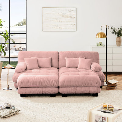 Chenille rose 2 places rembourrée avec coussins lombaires, coussins décoratifs et repose-pieds - coussins de siège d'aspect nuage, bon soutien, excellente élasticité