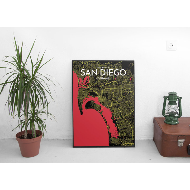 «San Diego City Map», reproduction d'impression sur affiche en noir et rouge, H 17 po x l 11 po