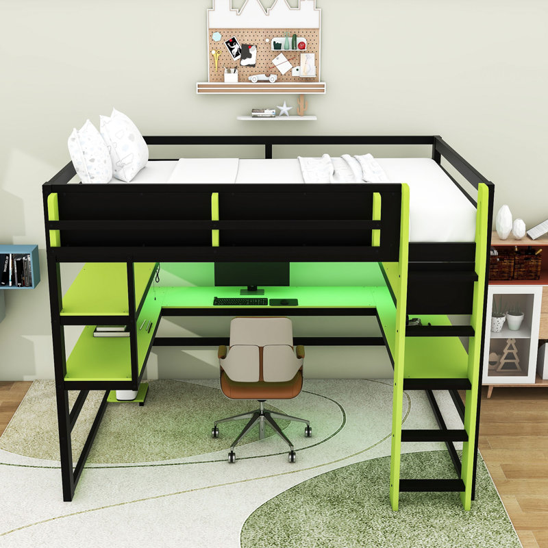 Wood Loft Bed with Desk, LED Light, Charging Ports and Shelves, Full, Green