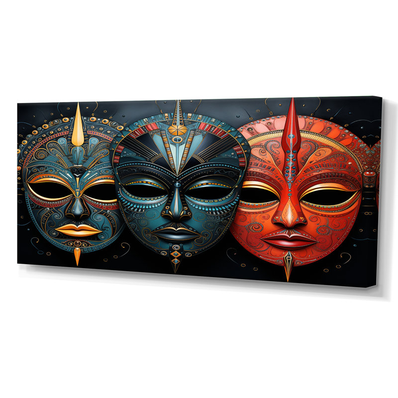 Red African Masks III - Masque africain, art mural, Toile tendue, H 28 po x l 60 po, Toile tendue