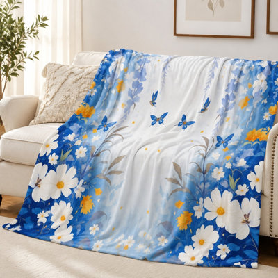 Cozy Flannel Fleece Throw Blanket - Floral Butterfly Whimsical Pattern, White, Soft, Lightweight, Breathable, All‑Season, Skin‑Friendly, Machine Washable, Decorative, for Sofa, Couch, Living Room and Bedroom
