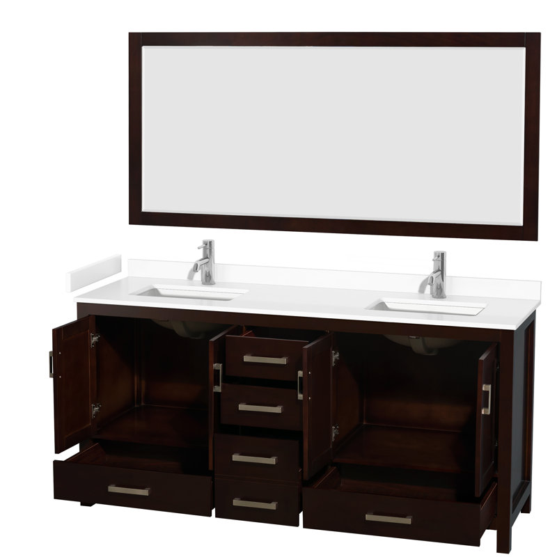Sheffield Freestanding Double Bathroom Vanity with Cultured Marble Top with 70" Mirror, White Cultured Marble, Espresso, 72"
