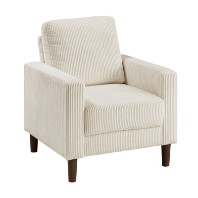 Chaise d'appoint rembourrée en velours côtelé beige moderne avec noyau en bois massif et contreplaqué, rembourrée pour socialiser, rembourrage en mousse haute densité, faux pieds bruns exposés, espace de vie principal idéal contemporain