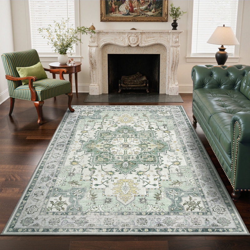 Roehit Performance Machine Washable Green / Beige Area Rug with Non-Slip Rug Pad, Rectangle 8' x 10', Green