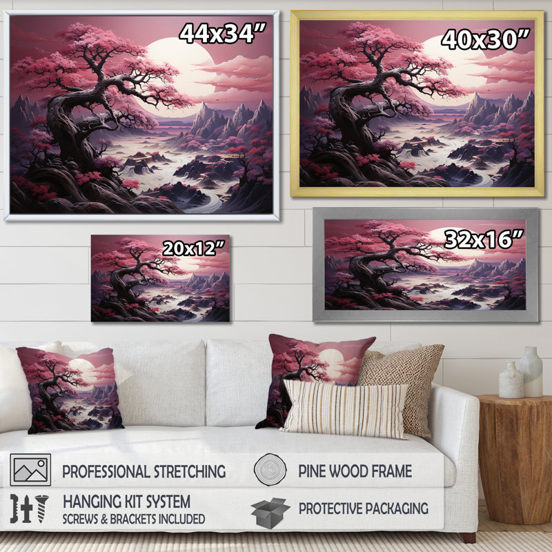 Fleur de cerisier mauve au bord du lac III - Art mural cerisier en fleurs, Cadre de coin argenté fermé