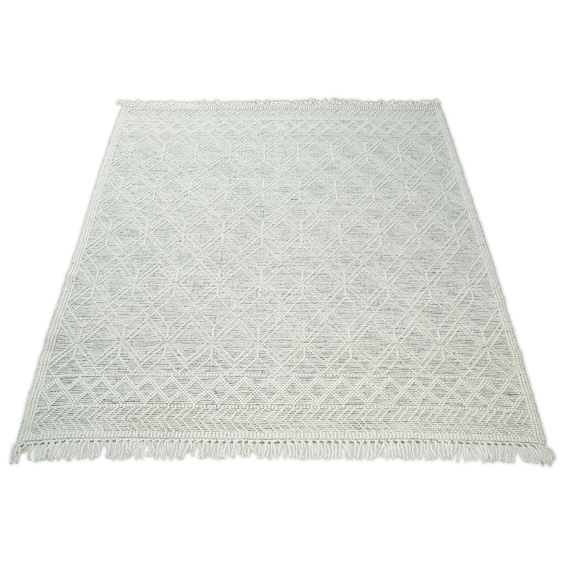 Tapis gris / ivoire en laine tissé à plat à la main à motif géométrique, Rectangle 8 pi x 10 pi